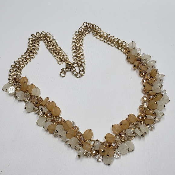 Elegant Gold Tone Chain Beaded Belt Cream Tan Clear Beads - Picture 2 of 8